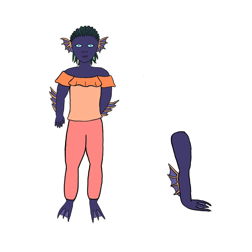 Purple skinned triton with green braids and yellow fins